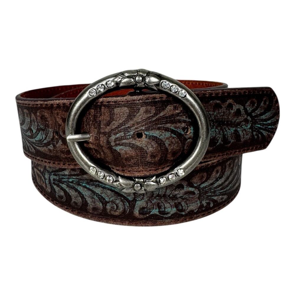 Boho Western Floral Embossed Leather Belt Medium Brown Turquoise Rhinestone